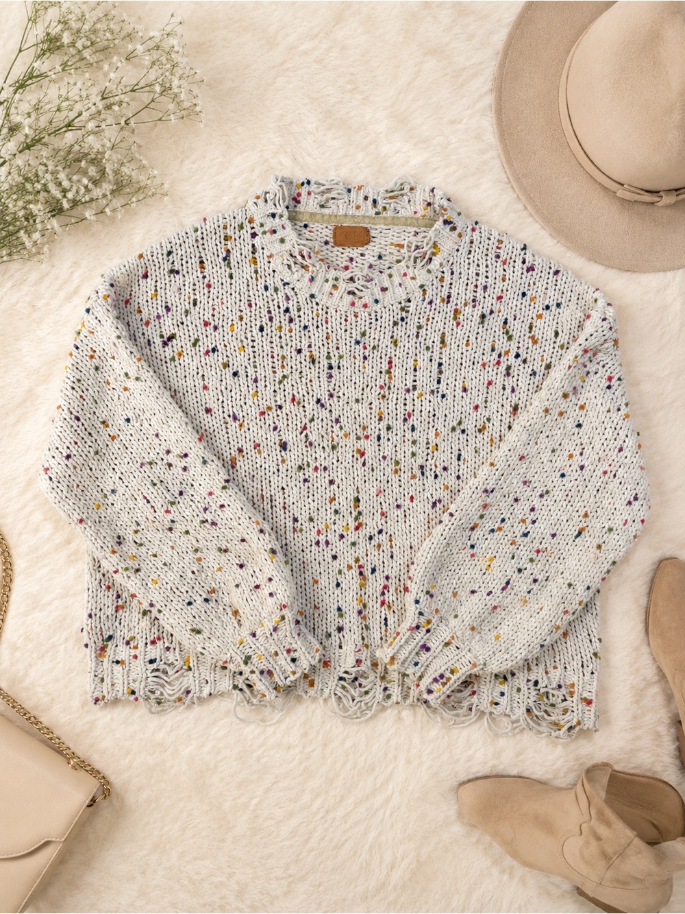 POL Sweater Women’s Confetti Knit Distressed Boho Style JST581 Medium